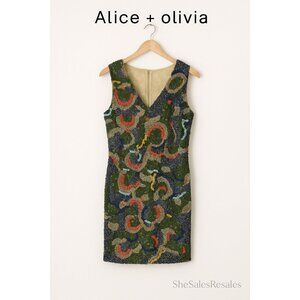 Alice + Olivia Alaina Beaded Sequin Sheath Dress Size 8 Multicolor Embellished